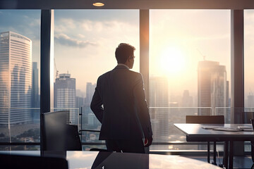 Blurred Office interior room background with modern design in working hours, indoor building of workplace of workspace, panoramic view through glass windows, with Generative Ai.