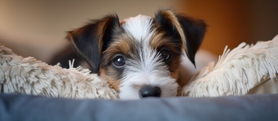 A Wire Haired Jack Russell Terrier puppy is seen in a dog bed, looking at the camera. The small dog