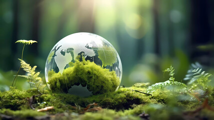 Obraz na płótnie Canvas Globe on moss on forest. Generative ai design background concept.