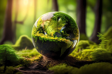 Globe in the forest. Generative ai design concept.