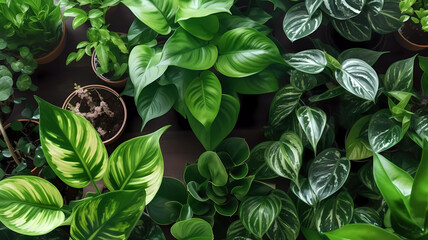 Green houseplants top view background. Generative ai design concept.