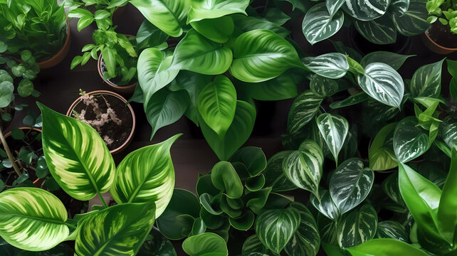 Green houseplants top view background. Generative ai design concept.