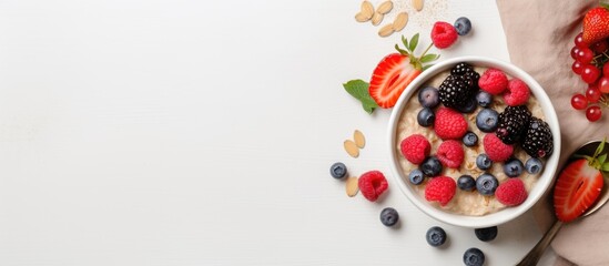 A healthy breakfast of oatmeal topped with berries and fruits is shown on a light background. taken - obrazy, fototapety, plakaty