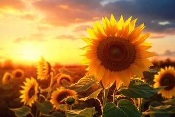 Obraz premium the view of the sunflower garden with the beauty of the sunrise in the morning. generative ai