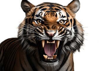 Angry wild roaring tiger isolated on white background cutout