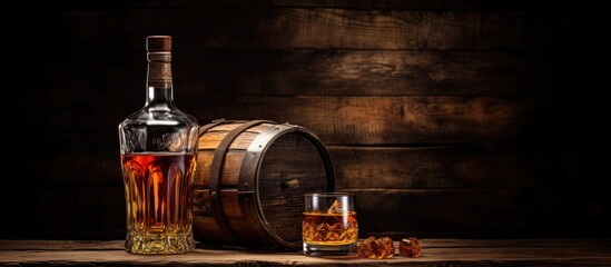 Scotch whiskey bottle, glass, and old wooden barrel with empty space