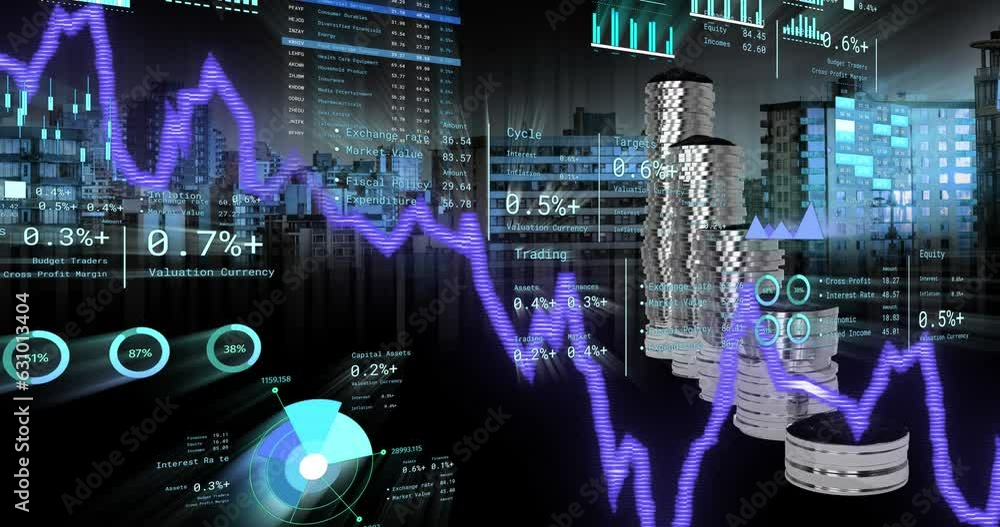 Poster animation of financial data processing over stacks of coins and cityscape