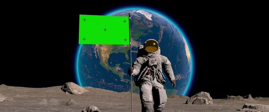 Lunar astronaut walks on the moon with green screen flag, placing a flag pole on the Moon surface, and salutes. You can track and add your flag with your logo. Shot like with 2x anamorphic lens.