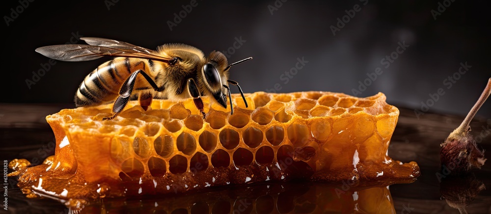 Poster the view of a bee eating honey with its tongue can be seen through several pieces of honeycomb