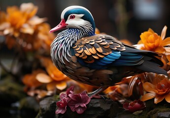 A colorful mandarin duck stands on some rocks.