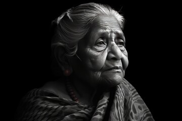 An elderly woman with wrinkles and bangs, captured in a black and white photo.