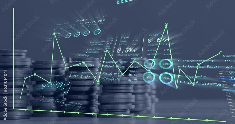 Poster animation of financial data processing over stacks of coins