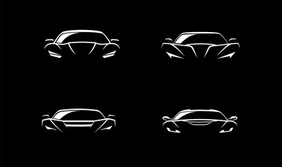 Sports car logo icon set on black background. Motor vehicle dealership emblems. Auto silhouette garage symbols. Vector illustration