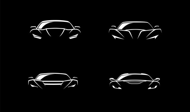 Sports car logo icon set on black background. Motor vehicle dealership emblems. Auto silhouette garage symbols. Vector illustration