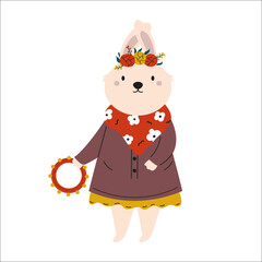 Vector illustration of a beautiful rabbit girl in a coat, shawl with tambourine in the paws.