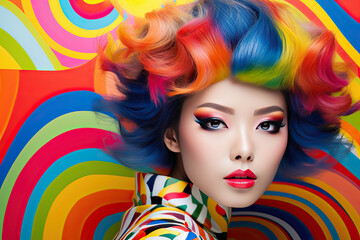 High Korean Fashion model woman in colorful bright lights posing in studio, portrait of beautiful sexy female with trendy make-up. Art design, colorful make up.