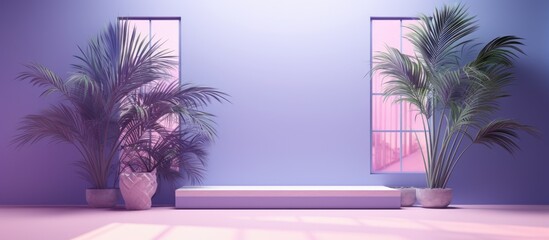 abstract purple studio background with an empty room featuring shadows of windows, flowers, and palm