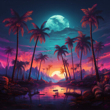 Retro 80s sunsets with palm trees for t-shirt design © ni
