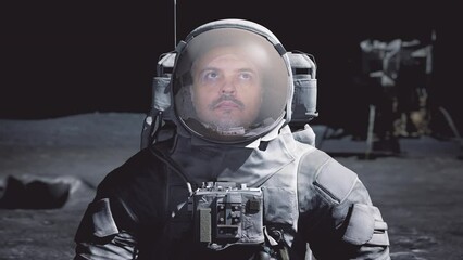 Portrait of man astronaut on Moon wearing helmet looking at earth globe and galaxy stars in outer space closeup. Sci-fi expedition, planet discovery mission and exploration by brave human, spacewalk.