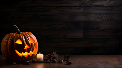 Halloween pumpkin carved with scary face decorated with candles on wooden background AI illustrations