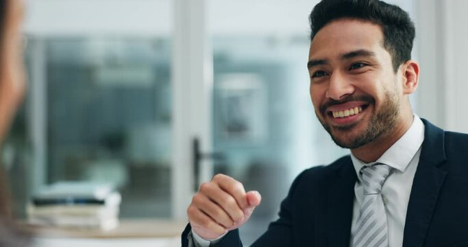 Happy businessman, laughing and listening to woman for funny joke, humor or comedy at the office. Friendly asian man smile with laugh for fun business discussion, social or conversation at workplace