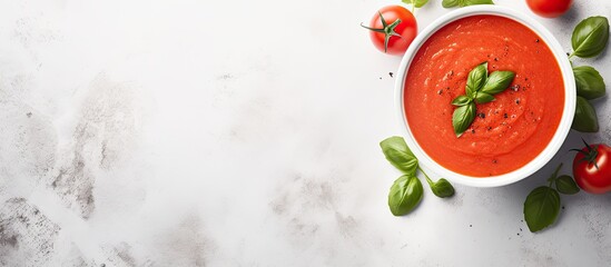 Gazpacho soup presented in a bowl on a light stone background with space for text. It is a chilled tomato
