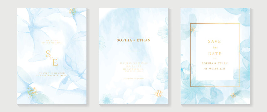 Luxury wedding blue invitation card background with golden line art flower and botanical leaves, Organic shapes, Watercolor. Abstract art background vector design for wedding and vip cover template.
