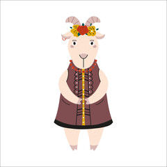 Vector illustration with cute goat in necklace, head wear and jacket. Animal character design in ethnic clothing