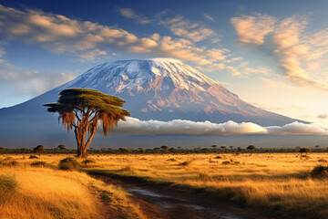 Mount Kilimanjaro on african savannah in Tanzania - obrazy, fototapety, plakaty