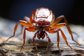 Fototapeta premium Macro shot of a red tick on a black background with reflection. Lyme disease concept. created with generative ai