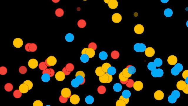 Animation of balls falling on black background, colorful balls falling, 4K, HD animation, balls dropping, colorful bubbles shower, falling balls, colorful lights background, colorful confetti