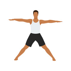Fototapeta na wymiar Man doing Parsva Hasta Padasana or star pose yoga exercise. Flat vector illustration isolated on white background