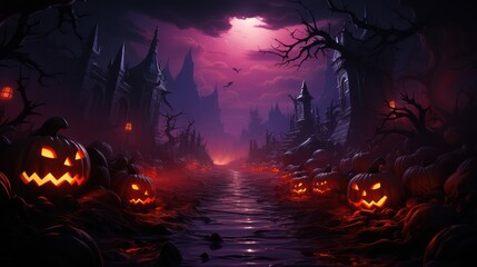 Halloween. Happy Halloween Fantasy Illustration with Halloween pumpkin, trees, house, moon on the background of old gothic castles. Fantasy poster for halloween. Generative Ai