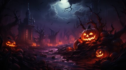 Halloween. Happy Halloween Fantasy Illustration with Halloween pumpkin, trees, house, moon on the background of old gothic castles. Fantasy poster for halloween. Generative Ai