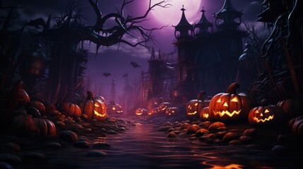 Halloween. Happy Halloween Fantasy Illustration with Halloween pumpkin, trees, house, moon on the background of old gothic castles. Fantasy poster for halloween. Generative Ai