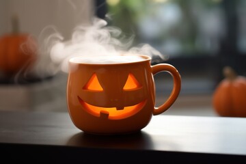 Halloween coffee, pumpkin cup with a hot drink and steam on a black scary background, a festive banner for a cafe with a copy space. Generative Ai.