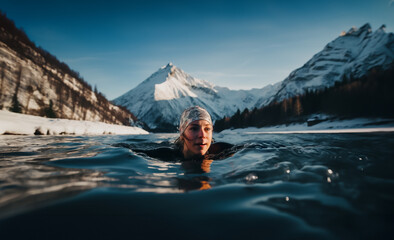 Young woman swimming in a cold mountain lake during winter with snow covering the mountains and woods around the lake. Shallow field of view.