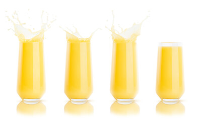 Set of four yellow orange fresh juices in glass with reflection, calm and drops, splashing isolated on white background. Vitamin organic pulppy citrus summer drink with splashes.