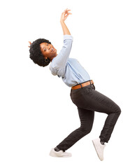 Dance, portrait and black woman with energy, celebration and isolated on a transparent png...