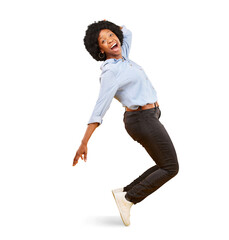 Wow, excited and black woman in dance pose on toes isolated on a transparent PNG background. Portrait of happy African female person, winner or model in celebration for freedom, winning and success
