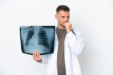 Professional traumatologist caucasian man isolated on white background having doubts