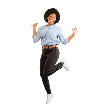 Portrait, freedom and happy black woman dance on isolated, transparent and png background. Excited, dancing and African lady model with celebration of news, promo or sale, deal or prize giveaway