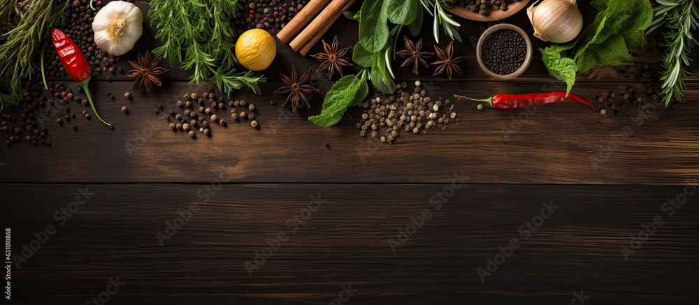 Poster fresh herbs and spices placed on a wooden table, seen from above, and with space for additional text