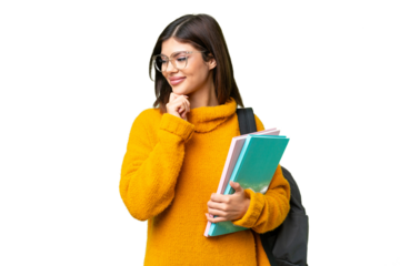 Young student woman over isolated chroma key background looking to the side and smiling