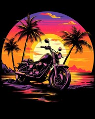 Motorbike on the beach with pump tree , sunset, Synthwave, vivid colors, pure Black background, T-shirt design, Generative AI