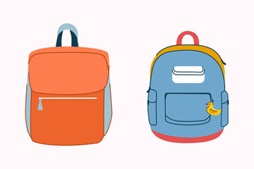 A set of trendy bright backpacks. Package and bag for stationery. Groovy.Vector stock illustration. Trendy style. School