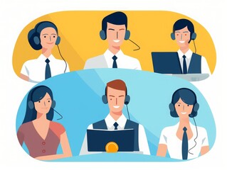  Helpdesk, call center. Customer service, hotline operators with headsets. Online technical support 24 h, Vector illustration, Generative AI - obrazy, fototapety, plakaty