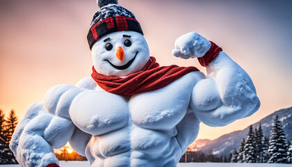 funny muscle snowman bodybuilder with red scarf posing mountains and trees at sunset behind, generative AI