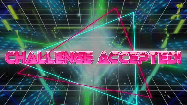 Animation of challenge accepted text over neon metaverse background