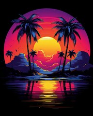 Vibrant sunset synthwave t-shirt design on pure black background, Generative AI